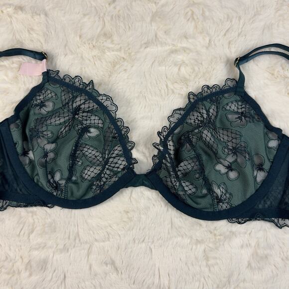 Victoria's Secret Very Sexy Low Cut Demi Bra Velvet Green Lace Underwire 34DD - Picture 4 of 10